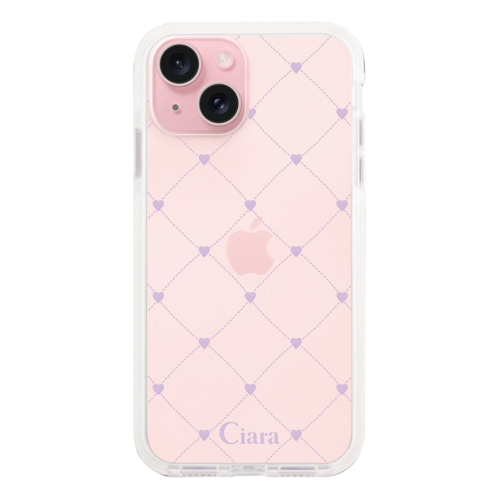iPhone15 クッションバンパー 耐衝撃クリアケース ハートキルティング パープル