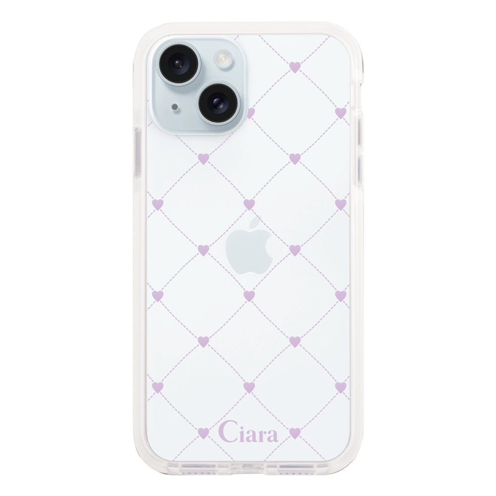 iPhone15Plus クッションバンパー 耐衝撃クリアケース ハートキルティング パープル