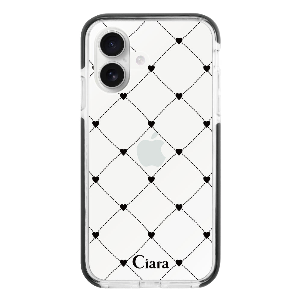 iPhone16 クッションバンパー 耐衝撃クリアケース ハートキルティング ブラック