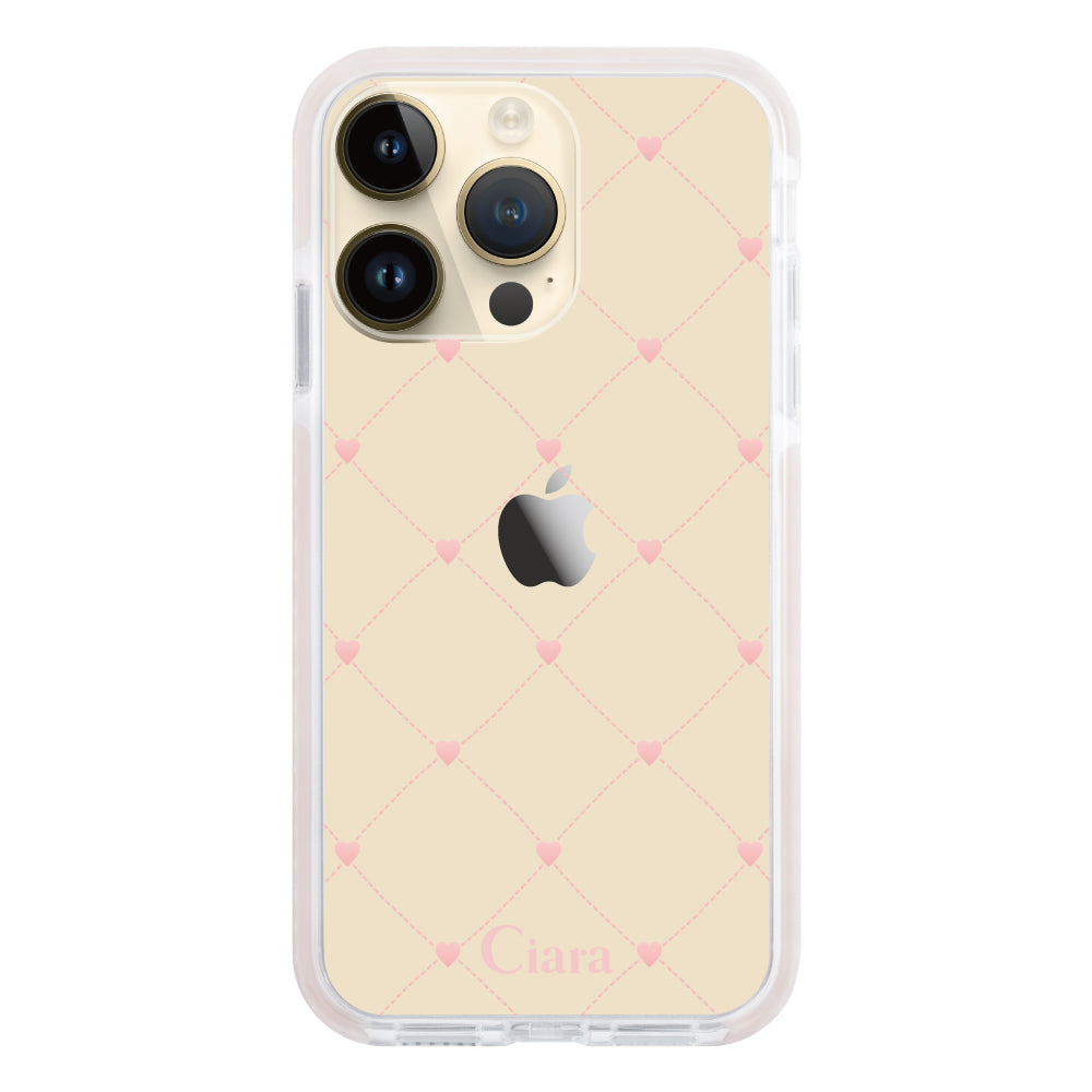 iPhone14Pro クッションバンパー 耐衝撃クリアケース ハートキルティング ピンク