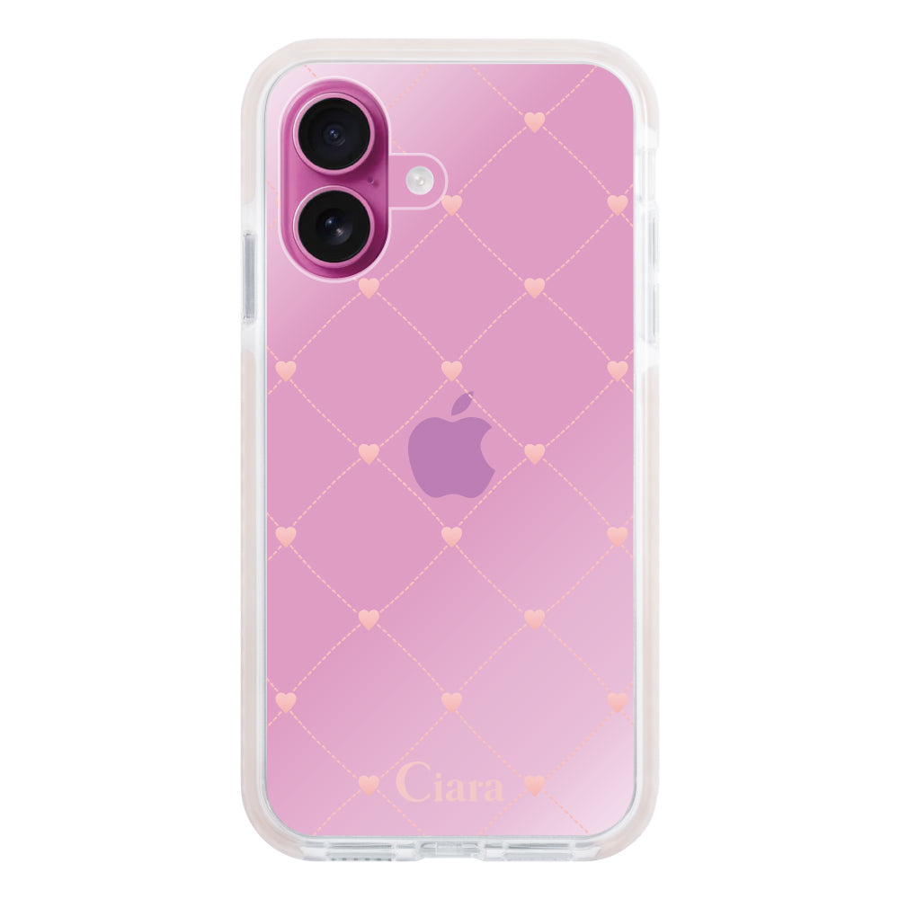 iPhone16Plus クッションバンパー 耐衝撃クリアケース ハートキルティング ピンク