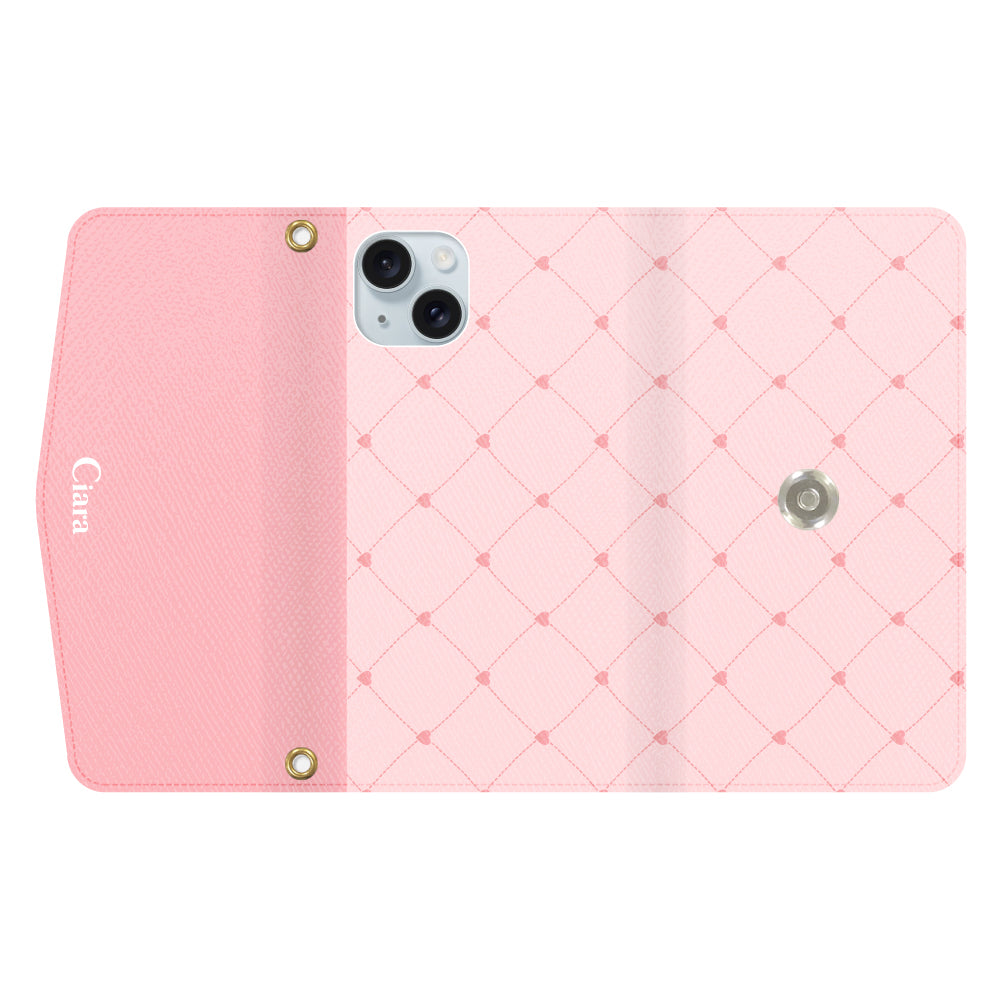 iPhone15Plusケース 手帳型カード収納レザーケース ハートキルティング ピンク