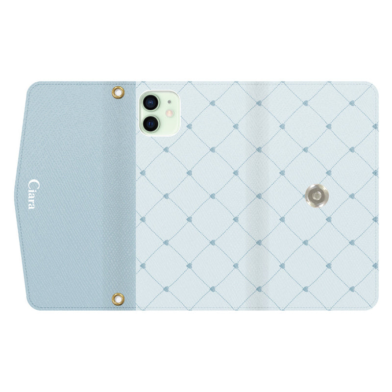 iPhoneケース カード収納 ミラー ストラップ付き レザー 三つ折り 手帳型ケース ハートキルティング