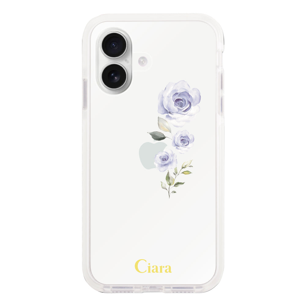 iPhone16 クッションバンパー 耐衝撃クリアケース ヴァーティカルフラワー ブルー