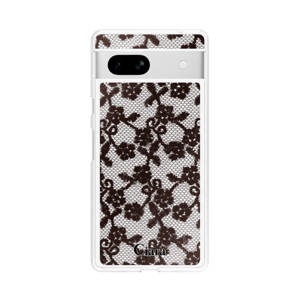 GooglePixel7aケース クリアケース ファブリックスモールフラワーレース ブラック