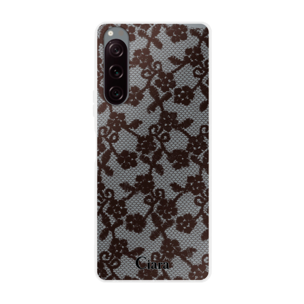 XperiaACEⅡ クリアケース ファブリックスモールフラワーレース ブラック