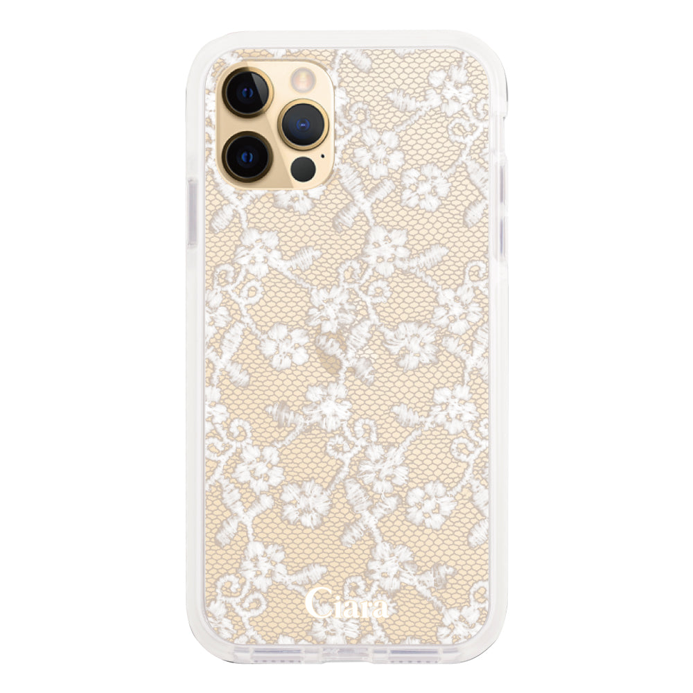 iPhone11ProMax クッションバンパー 耐衝撃クリアケース ファブリックスモールフラワーレース ホワイト
