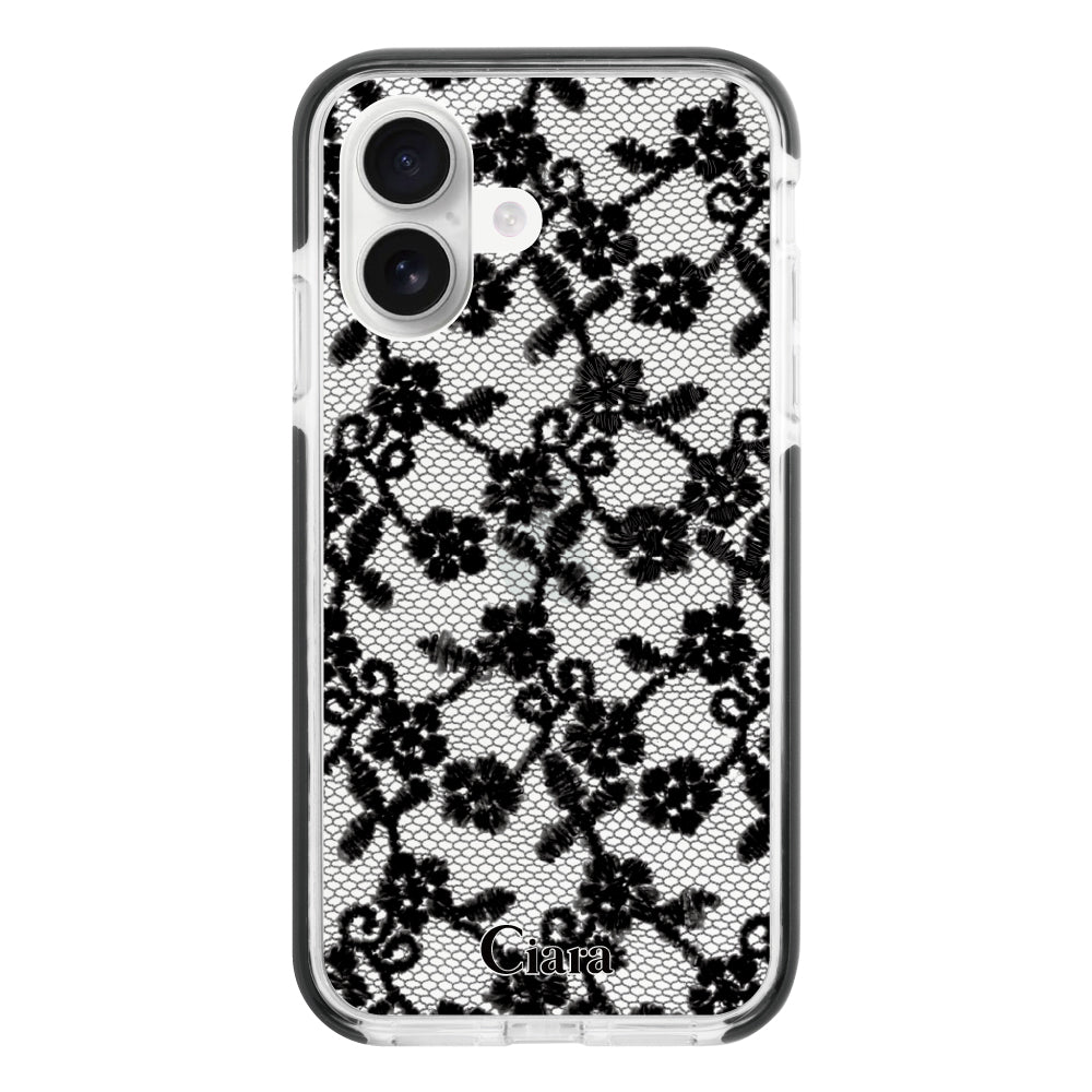 iPhone16 クッションバンパー 耐衝撃クリアケース ファブリックスモールフラワーレース ブラック