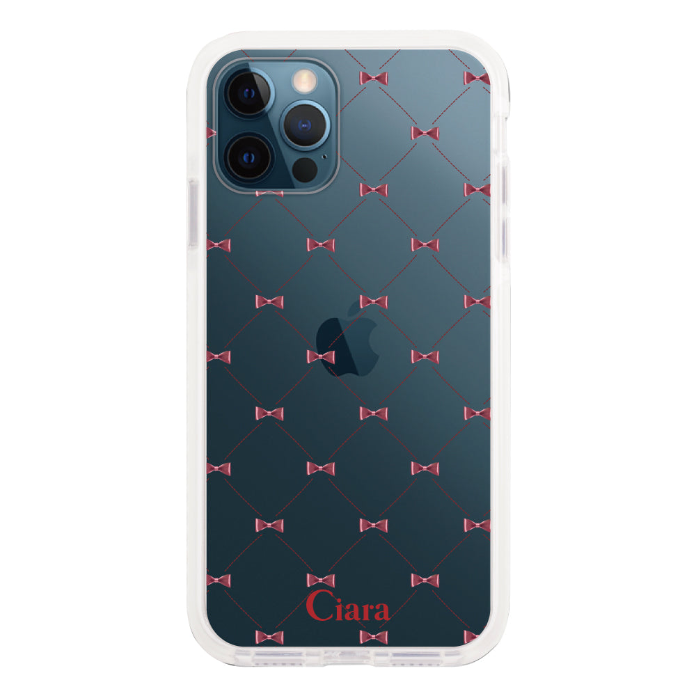 iPhone12ProMax クッションバンパー 耐衝撃クリアケース キルティングリボン レッド