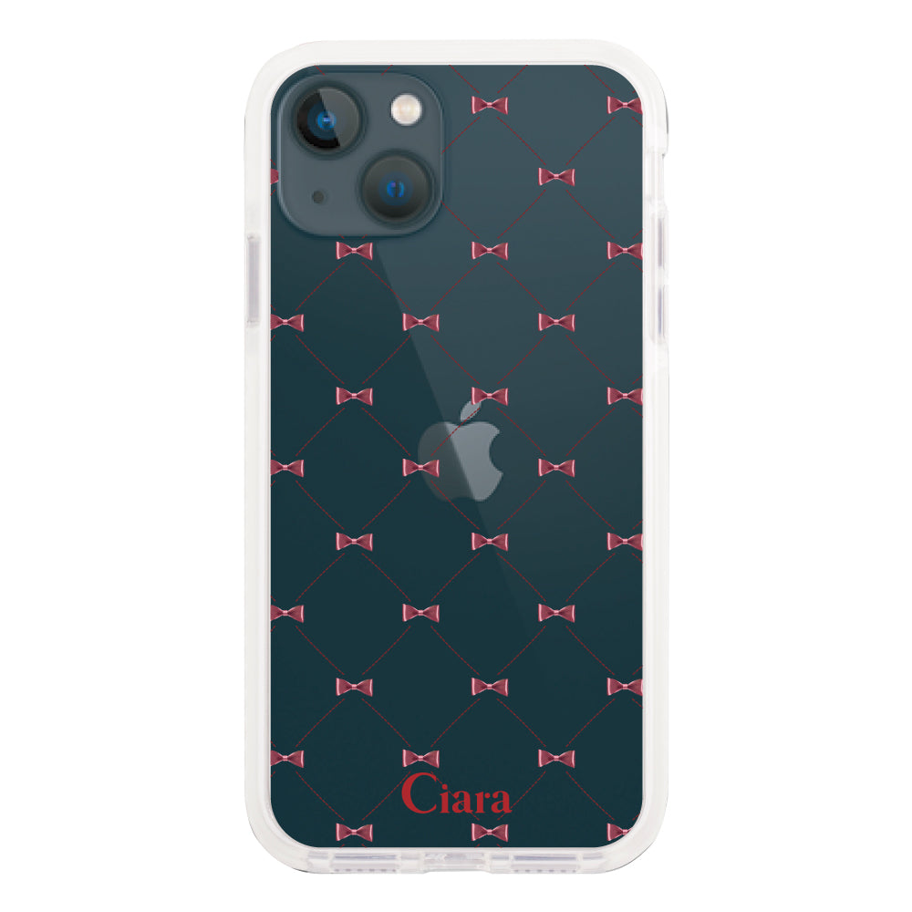 iPhone13mini クッションバンパー 耐衝撃クリアケース キルティングリボン レッド