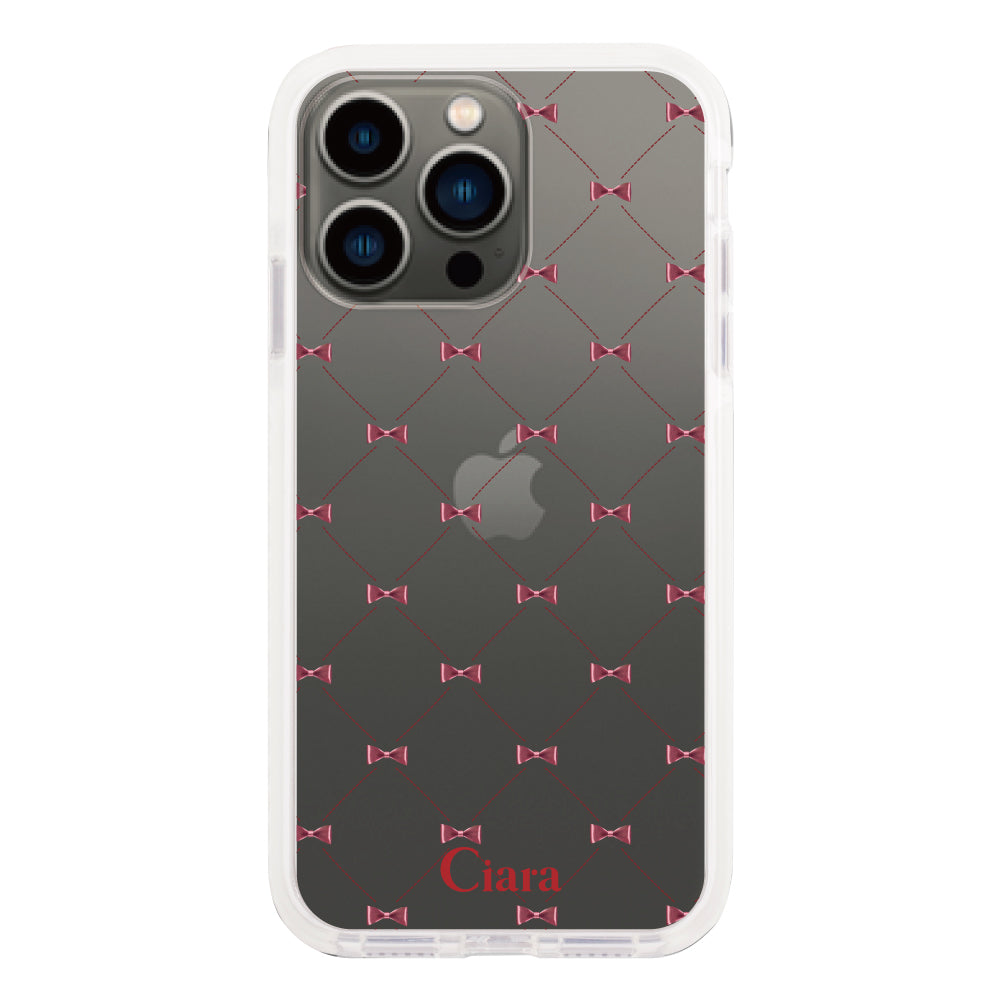 iPhone13Pro クッションバンパー 耐衝撃クリアケース キルティングリボン レッド