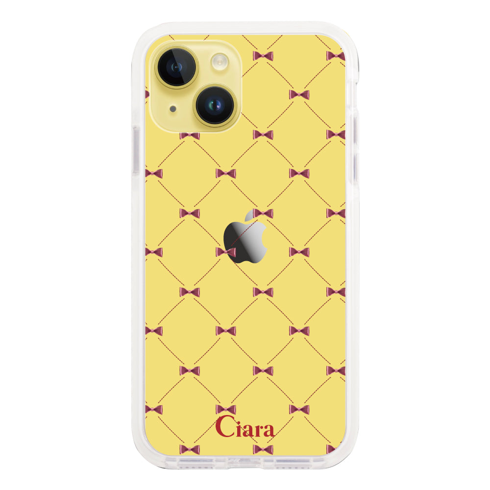 iPhone14Plus クッションバンパー 耐衝撃クリアケース キルティングリボン レッド
