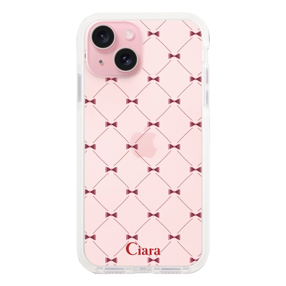 iPhone15 クッションバンパー 耐衝撃クリアケース キルティングリボン レッド