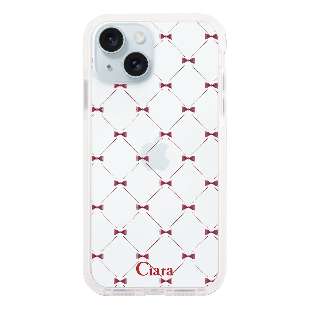 iPhone15Plus クッションバンパー 耐衝撃クリアケース キルティングリボン レッド