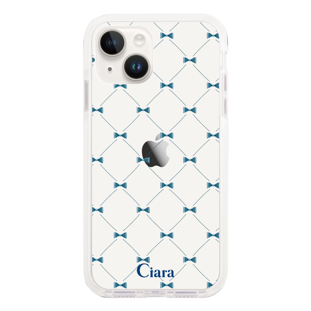 iPhone14 クッションバンパー 耐衝撃クリアケース キルティングリボン ブルー