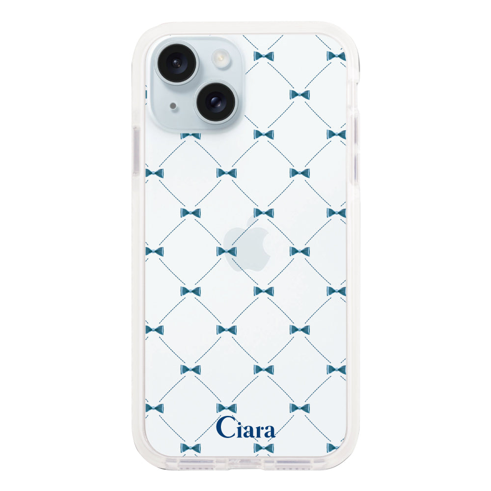 iPhone15Plus クッションバンパー 耐衝撃クリアケース キルティングリボン ブルー