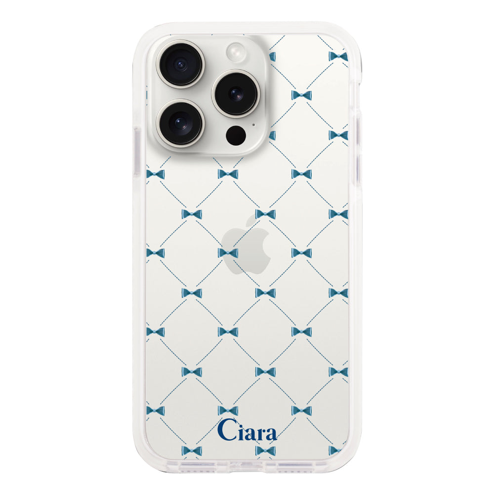 iPhone15ProMax クッションバンパー 耐衝撃クリアケース キルティングリボン ブルー