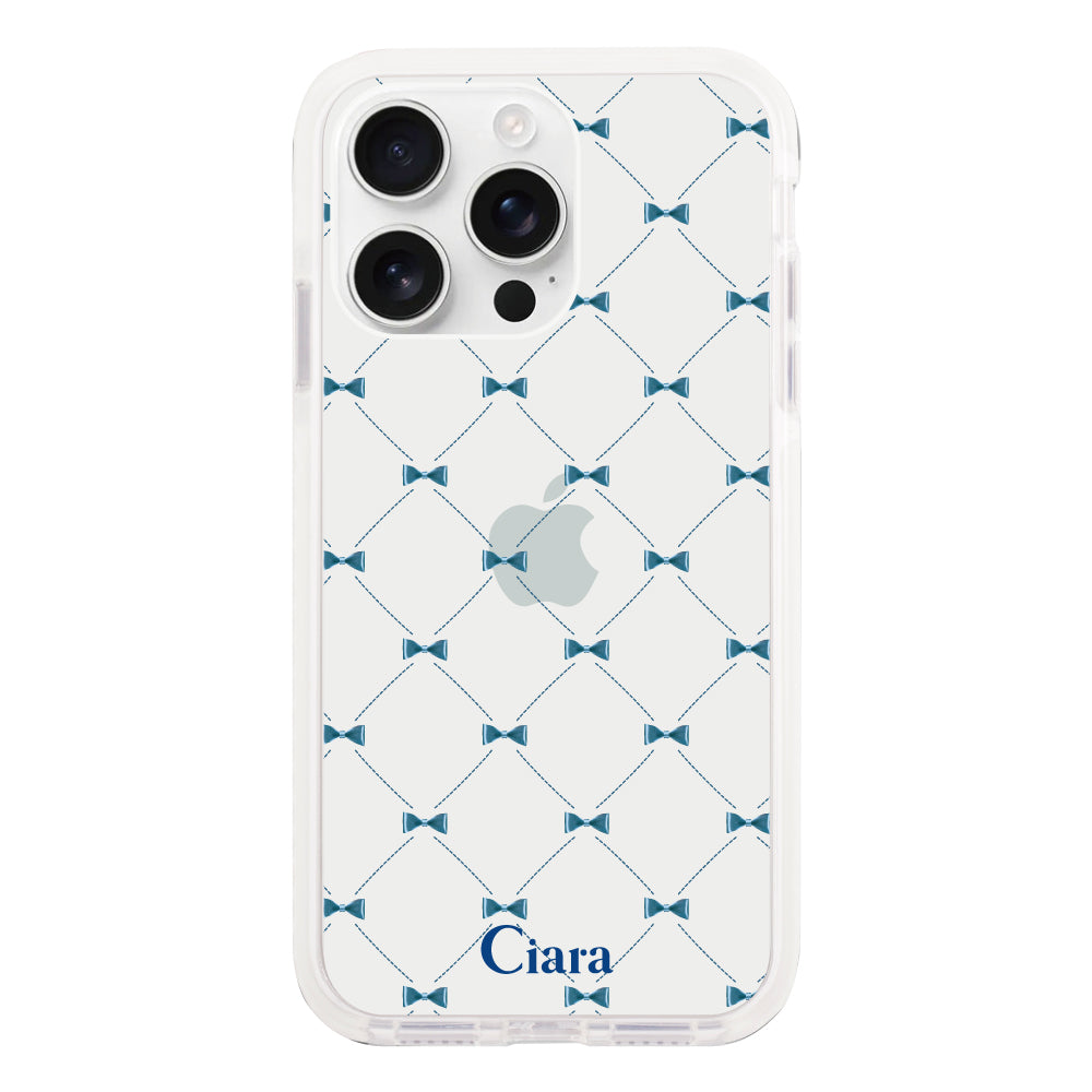 iPhone16ProMax クッションバンパー 耐衝撃クリアケース キルティングリボン ブルー