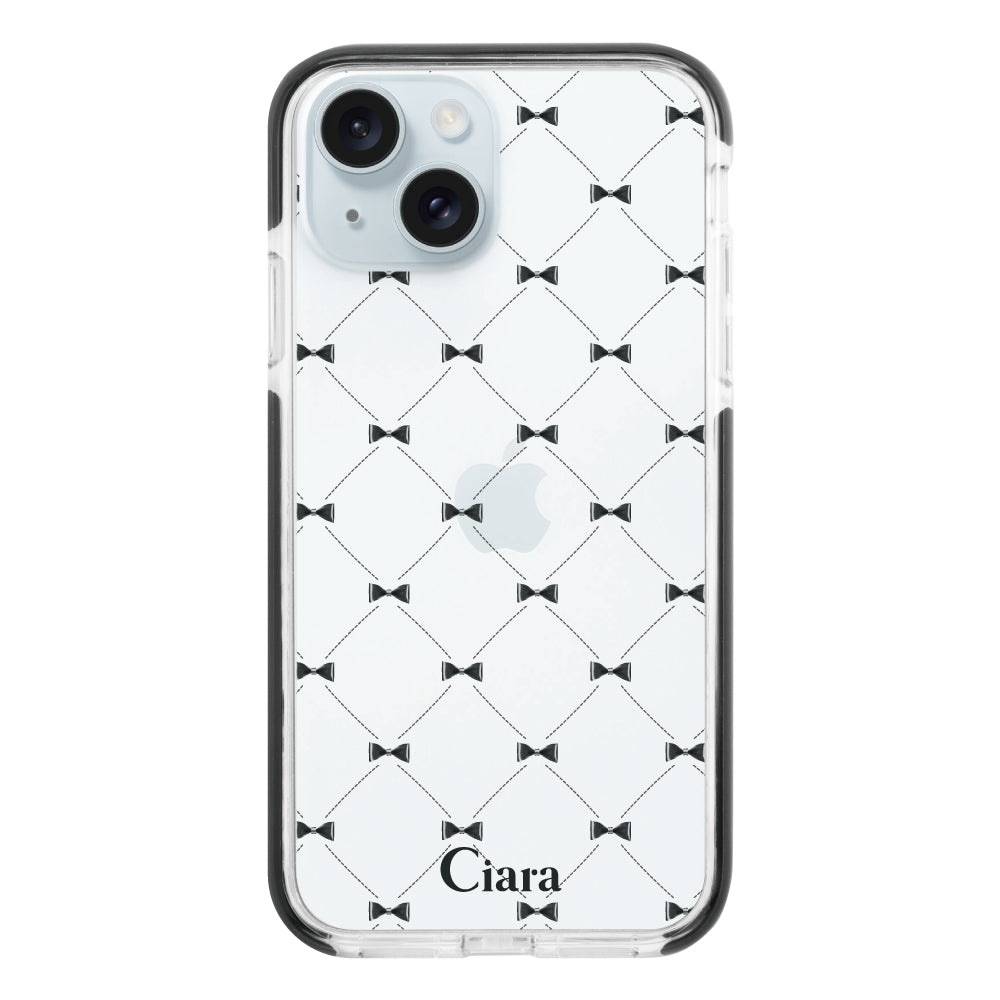 iPhone15Plus クッションバンパー 耐衝撃クリアケース キルティングリボン ブラック