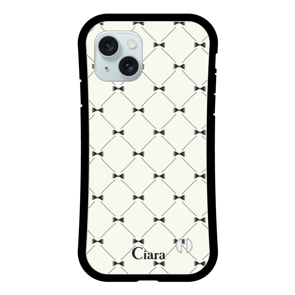 iPhone15Plus グリップ 耐衝撃ケース キルティングリボン ブラック