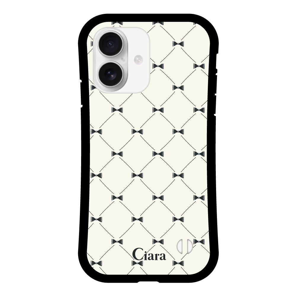 iPhone16 グリップ 耐衝撃ケース キルティングリボン ブラック