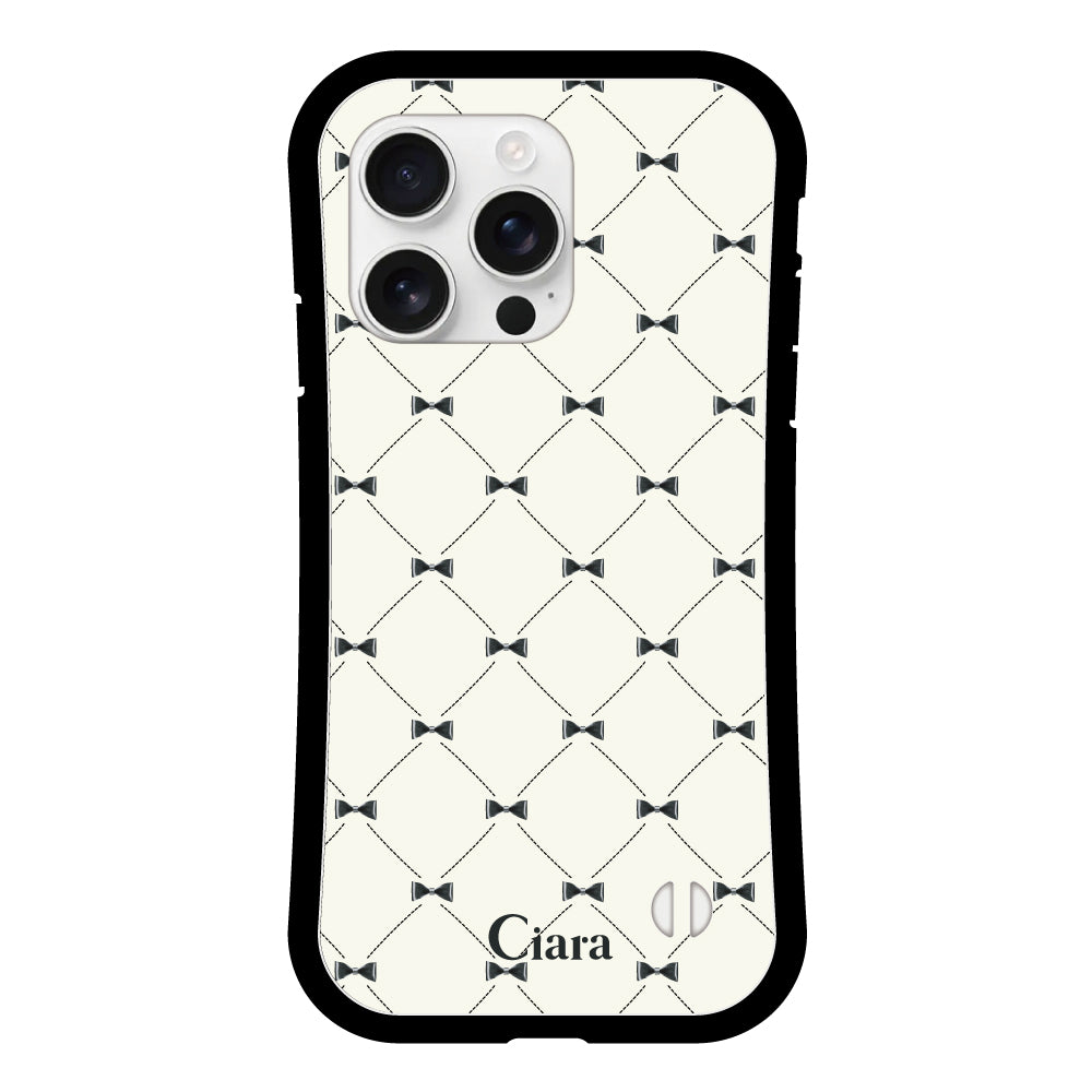 iPhone16ProMax グリップ 耐衝撃ケース キルティングリボン ブラック