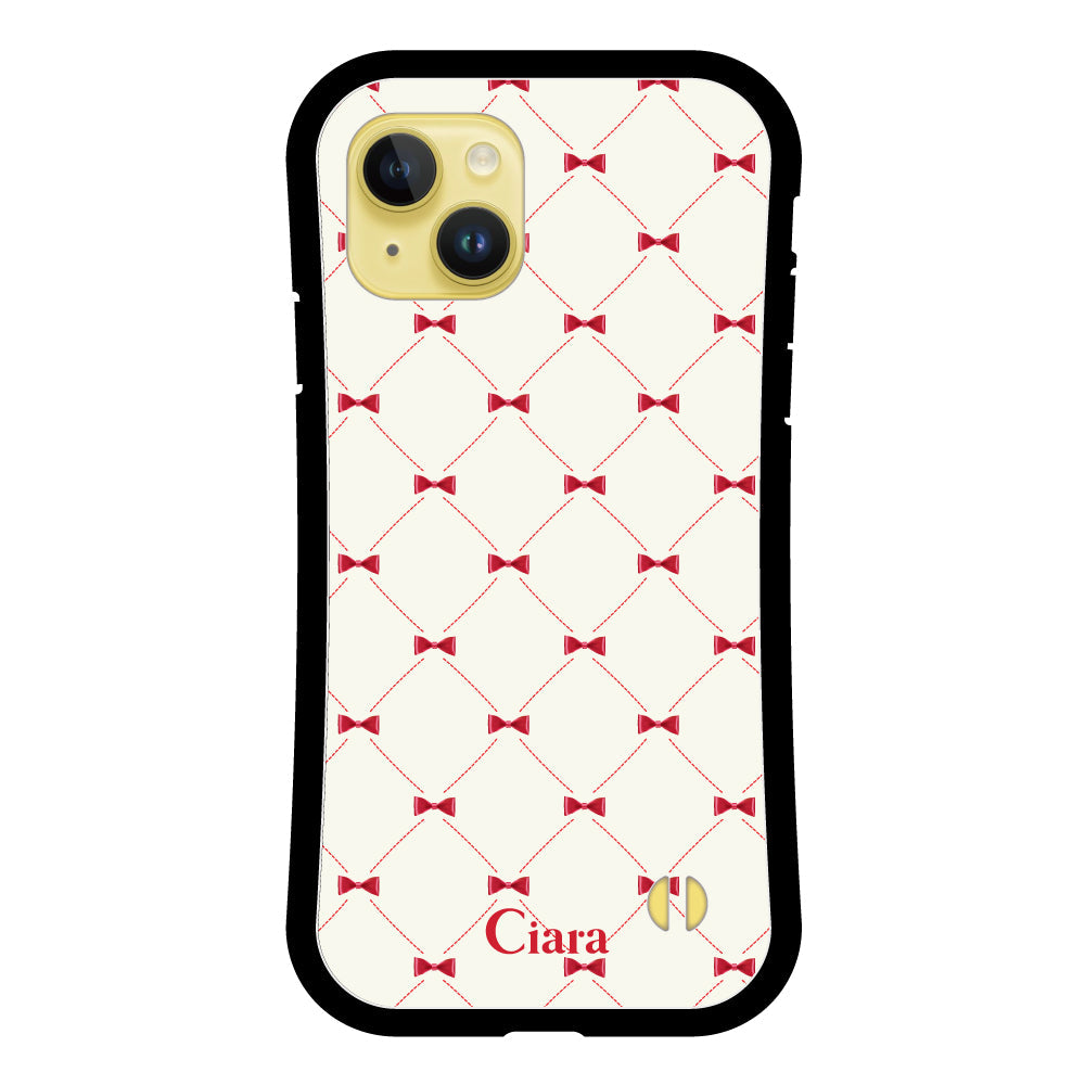 iPhone14Plus グリップ 耐衝撃ケース キルティングリボン ピンク