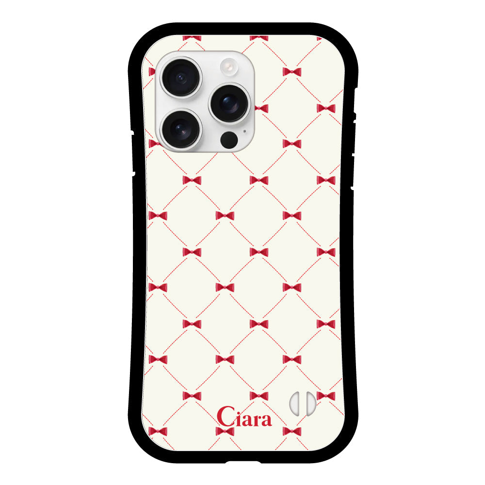 iPhone16ProMax グリップ 耐衝撃ケース キルティングリボン ピンク