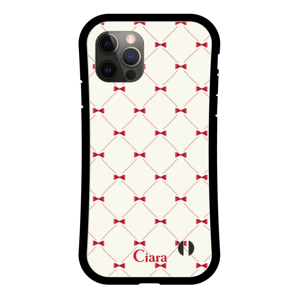 iPhoneX/XS グリップ 耐衝撃ケース キルティングリボン ピンク
