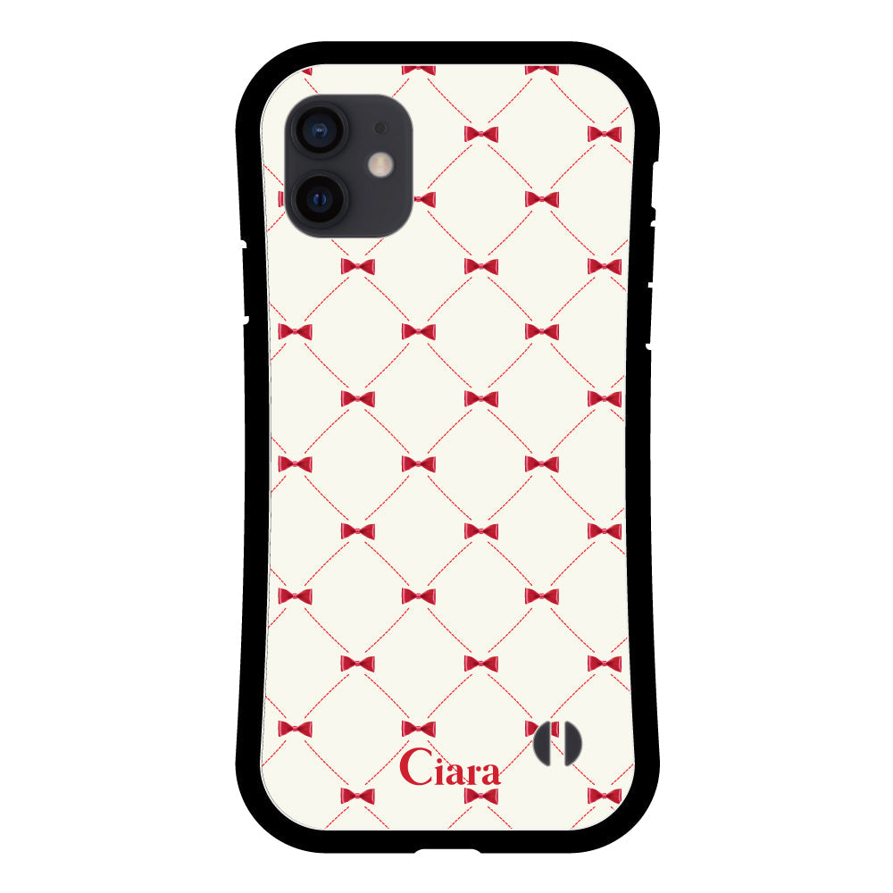 iPhoneXR グリップ 耐衝撃ケース キルティングリボン ピンク