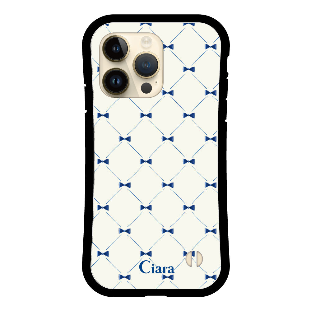 iPhone14Pro グリップ 耐衝撃ケース キルティングリボン ブルー