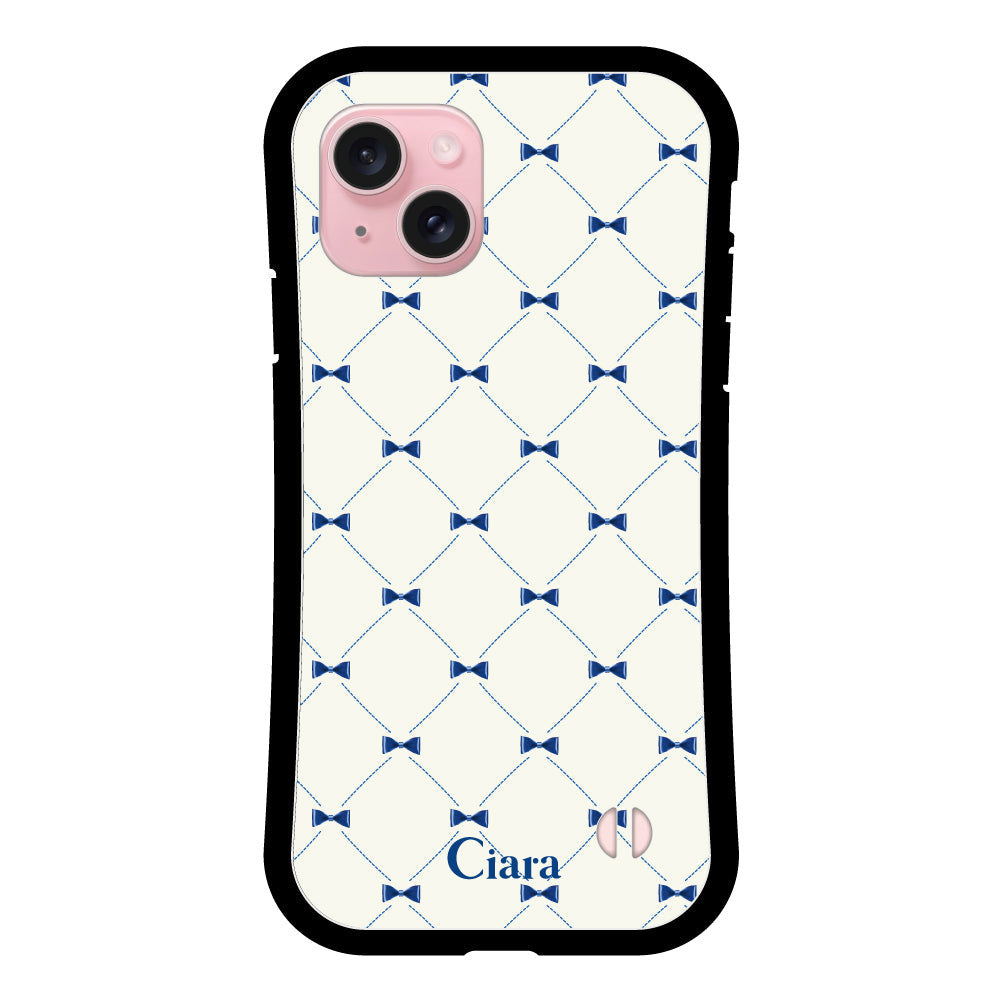 iPhone15 グリップ 耐衝撃ケース キルティングリボン ブルー