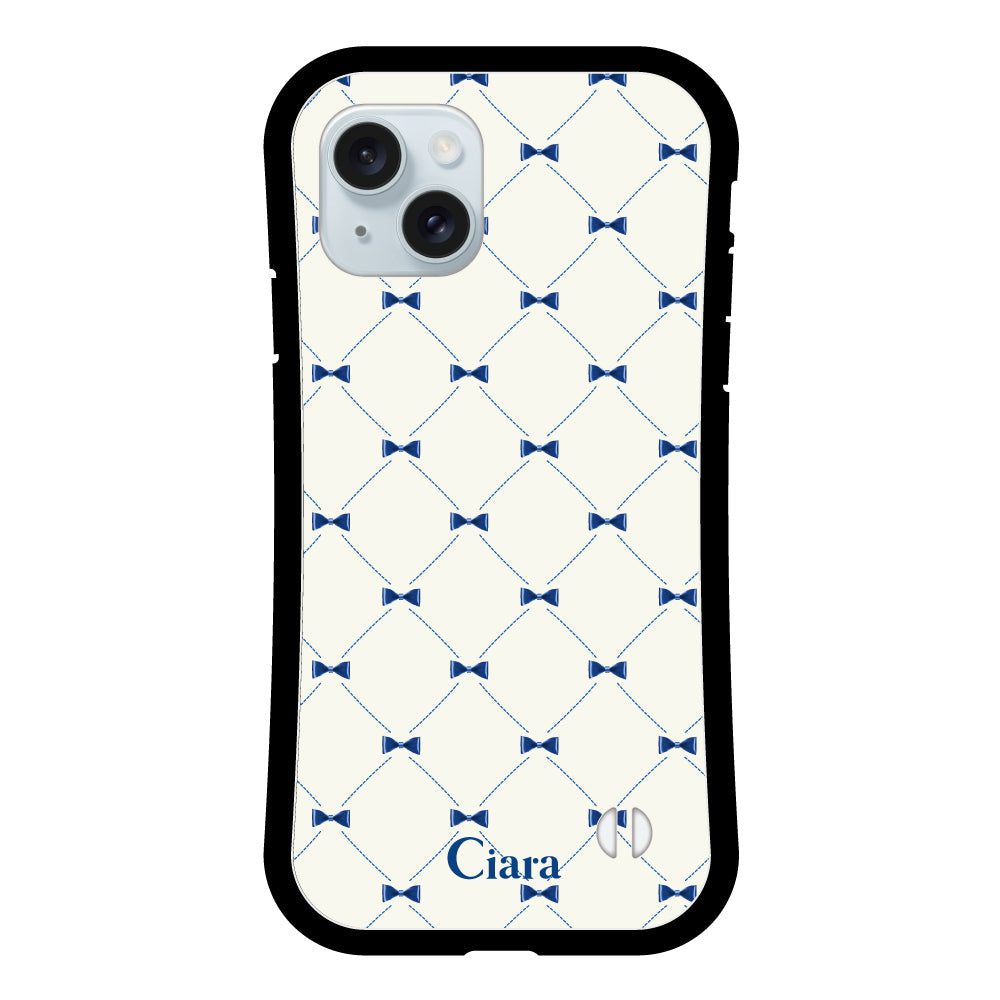 iPhone15Plus グリップ 耐衝撃ケース キルティングリボン ブルー