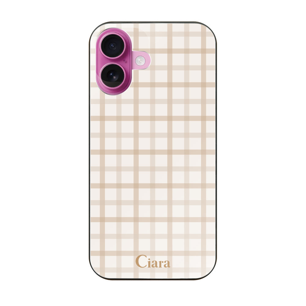 iPhone16 ガラス 強化ガラスケース ブロックチェック ベージュ