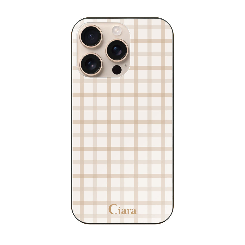 iPhone16Pro ガラス 強化ガラスケース ブロックチェック ベージュ