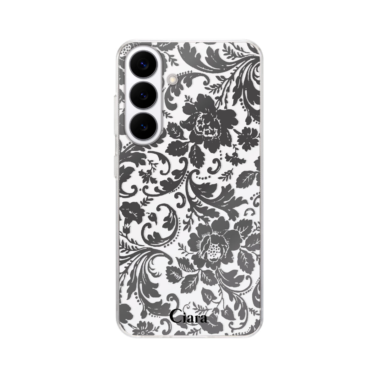 GalaxyS26 クリアケース ヴィンテージフラワー ブラック