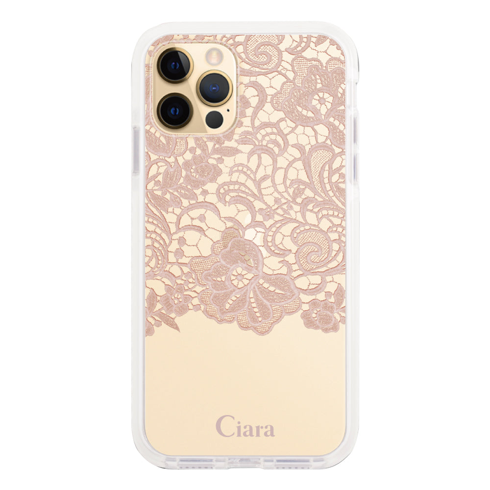 iPhone11ProMax クッションバンパー 耐衝撃クリアケース ファブリックカラーレース ピンク