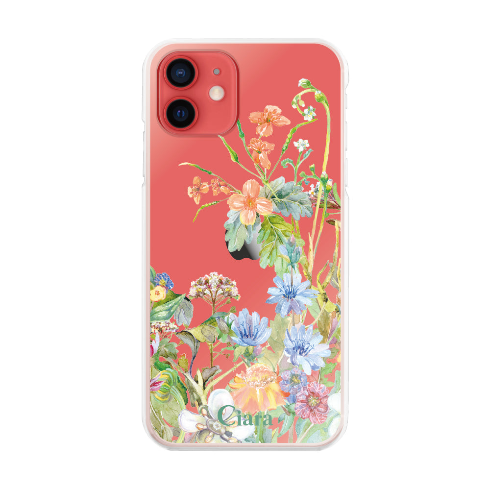 iPhone11 ハイブリッド クリアケース ボタニカルフラワー オレンジ