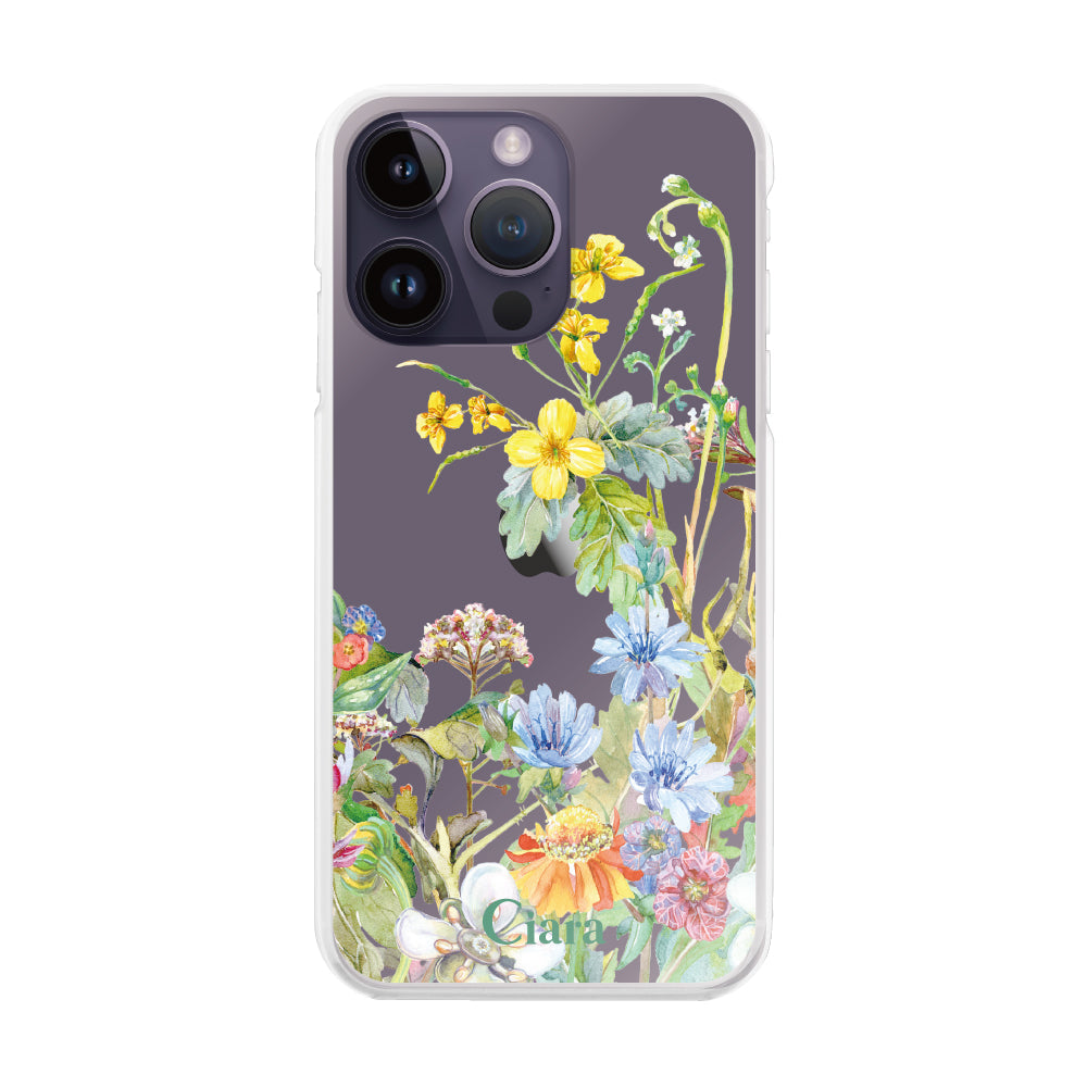 iPhone14ProMax ハイブリッド クリアケース ボタニカルフラワー イエロー