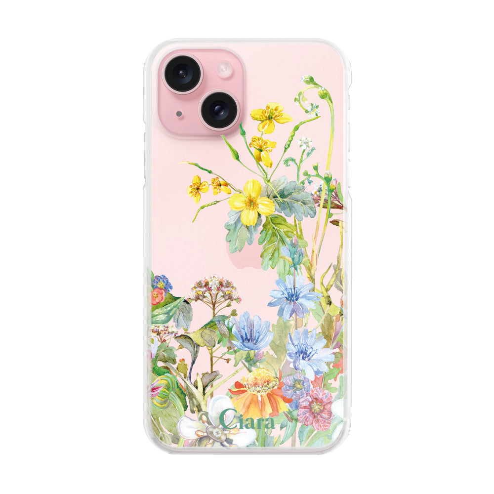 iPhone15 ハイブリッド クリアケース ボタニカルフラワー イエロー