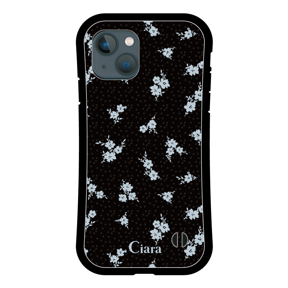iPhone13mini グリップ 耐衝撃ケース ドットフラワー ブラック