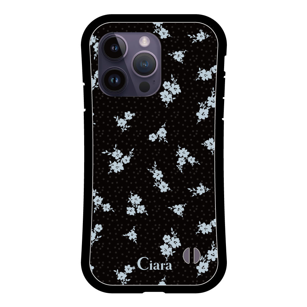 iPhone14ProMax グリップ 耐衝撃ケース ドットフラワー ブラック
