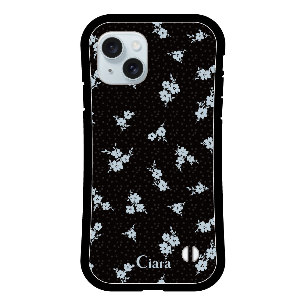 iPhone15Plus グリップ 耐衝撃ケース ドットフラワー ブラック