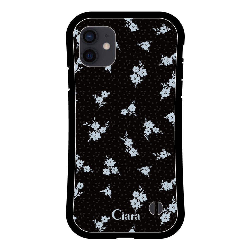 iPhoneXR グリップ 耐衝撃ケース ドットフラワー ブラック
