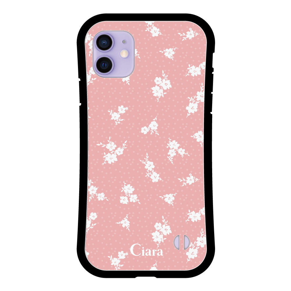 iPhone12/12Pro グリップ 耐衝撃ケース ドットフラワー ピンク