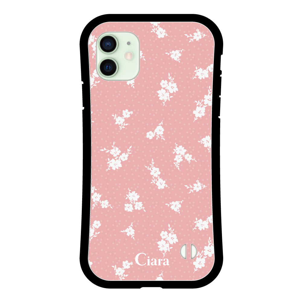 iPhone12mini グリップ 耐衝撃ケース ドットフラワー ピンク