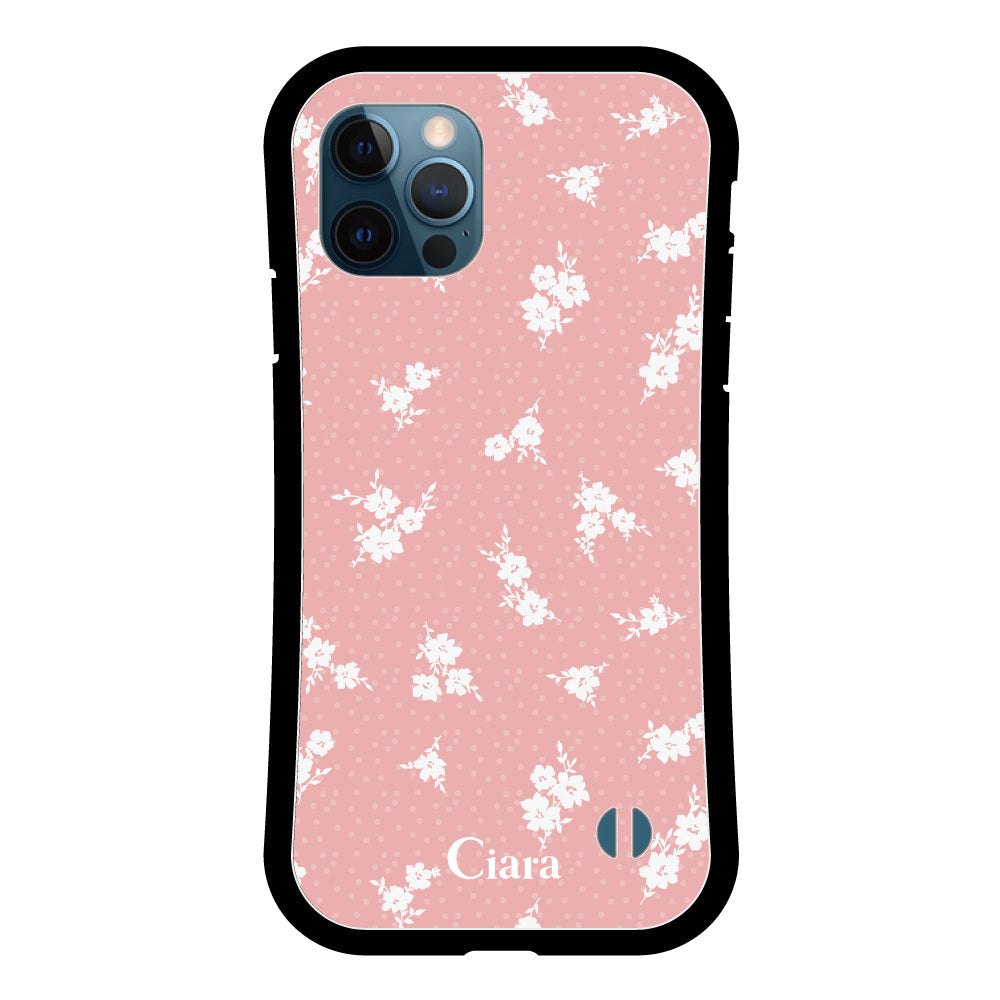 iPhone12ProMax グリップ 耐衝撃ケース ドットフラワー ピンク