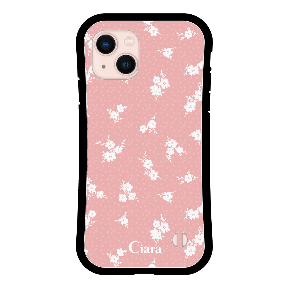 iPhone13 グリップ 耐衝撃ケース ドットフラワー ピンク