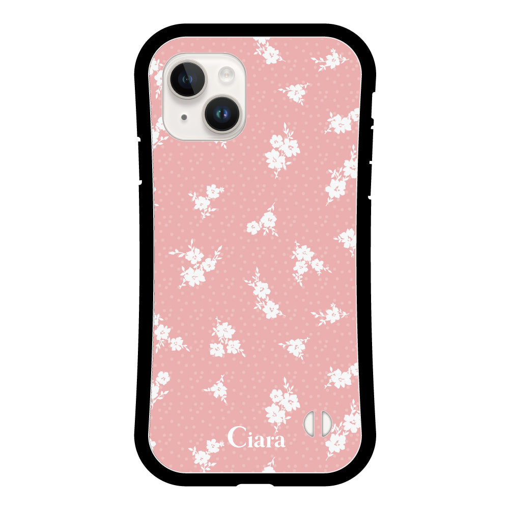 iPhone14 グリップ 耐衝撃ケース ドットフラワー ピンク