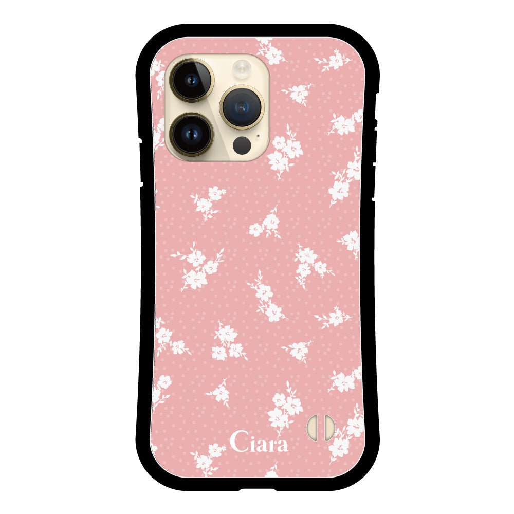 iPhone14Pro グリップ 耐衝撃ケース ドットフラワー ピンク